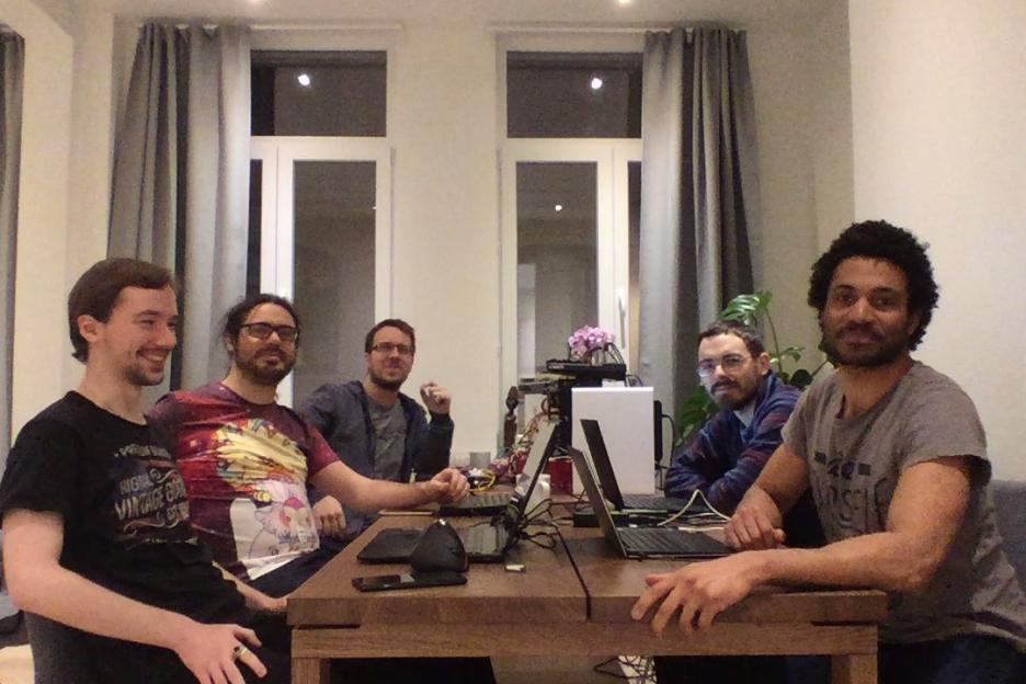 From left to right: Peter Badida (KeyWeeUsr), Gabriel Pettier (tshirtman), Mathieu Virbel (tito), Alexander Taylor (inclement) and Andre Miras (AndreMiras)