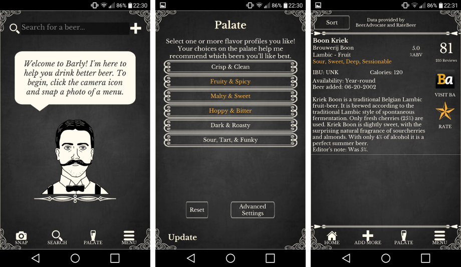 Barly homescreen, palate options, and beer example
