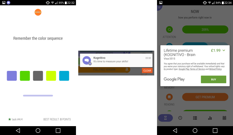 Kognitivo gameplay, Android notification and in-app purchase