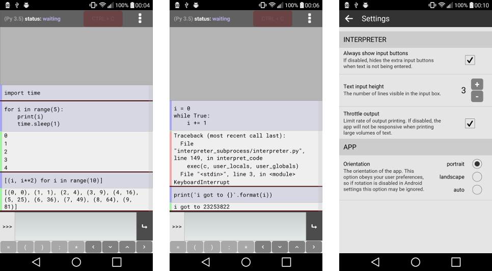 Three screenshots of Pyonic interpreter.