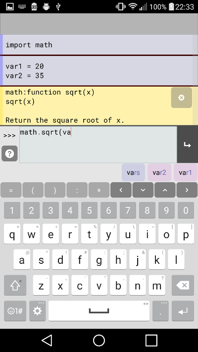 Pyonic interpreter showing docstring and autocompletion options