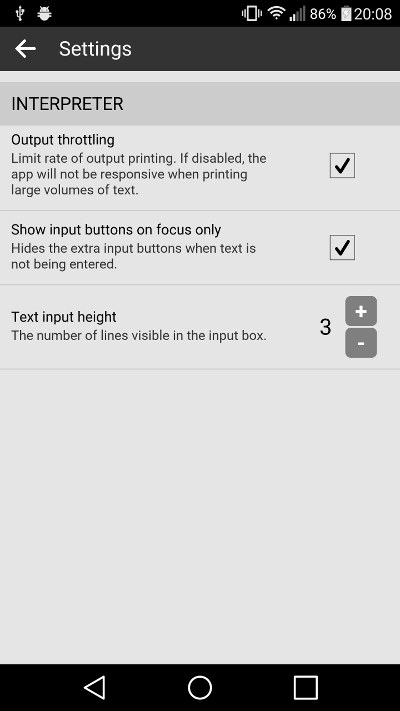 Screenshot of the settings screen in the development version of Pyonic interpreter.