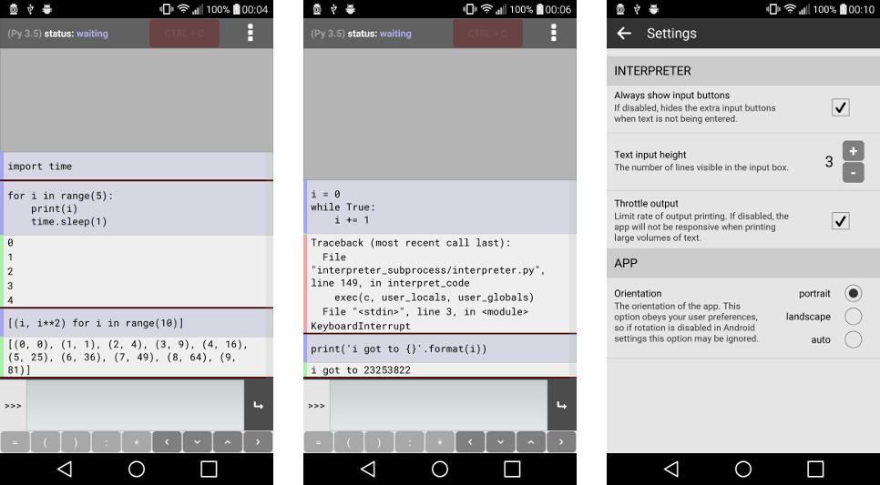 Three screenshots of Pyonic interpreter 0.7.